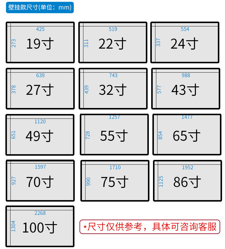 壁掛式廣告機(jī)尺寸對(duì)照表